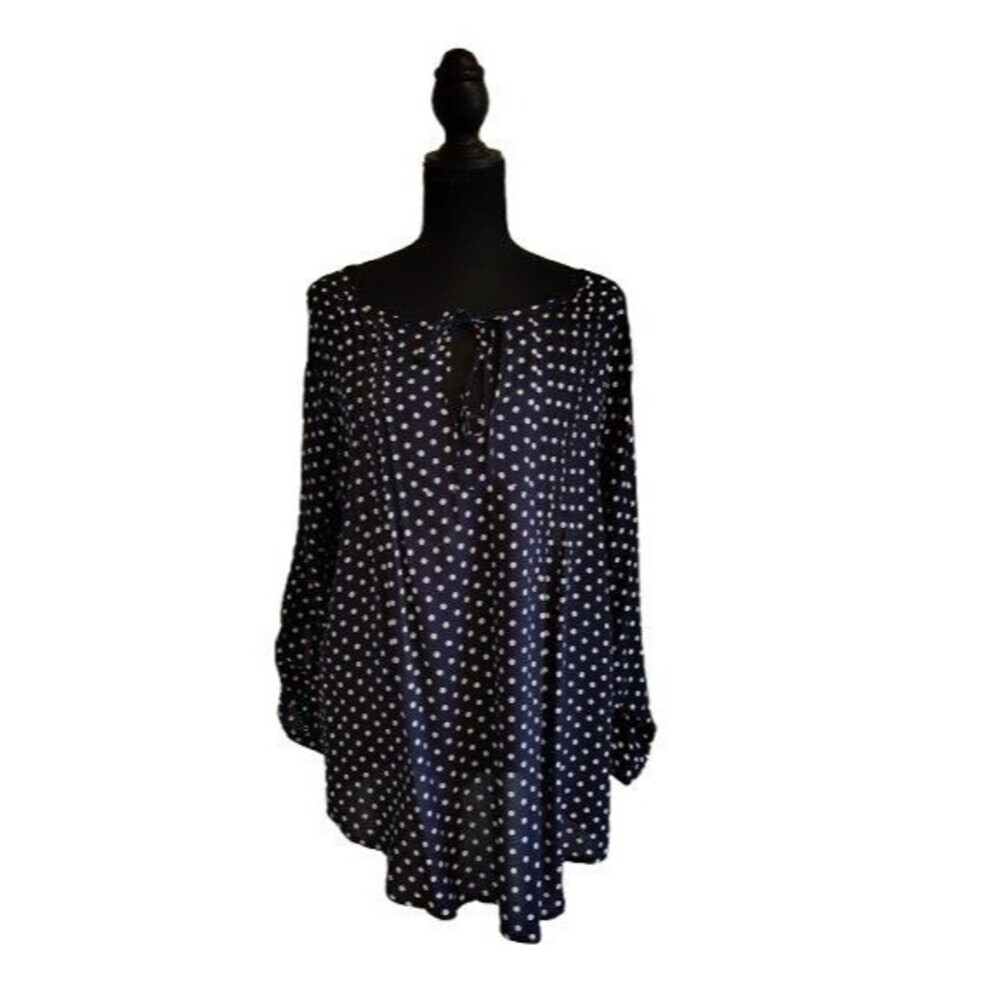 Suzanne Betro Navy Blue Polka Dot Tunic Blouse Sz M Tie Neck Convertible Roll...